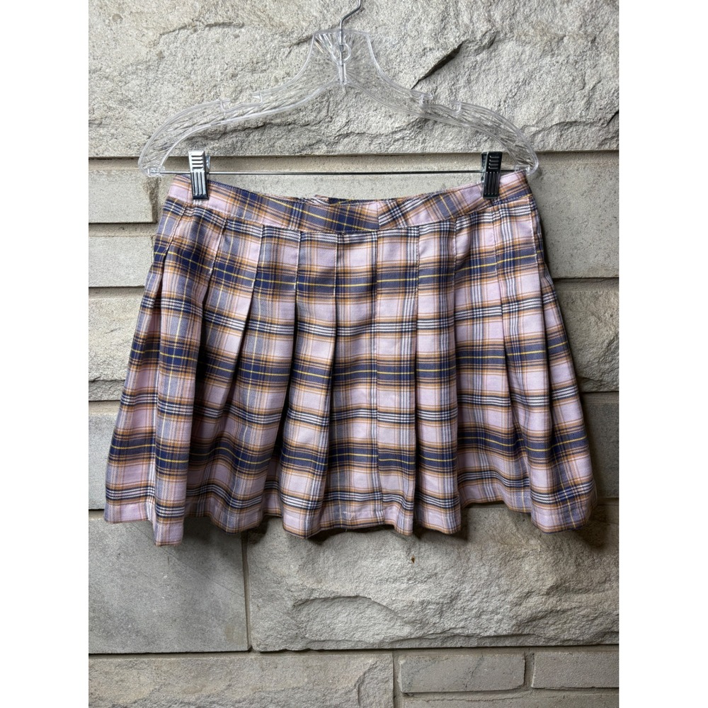 Forever 21 Lilac Plaid Pleated Mini Skirt Navy Yellow Preppy Schoolgirl 16 Waist